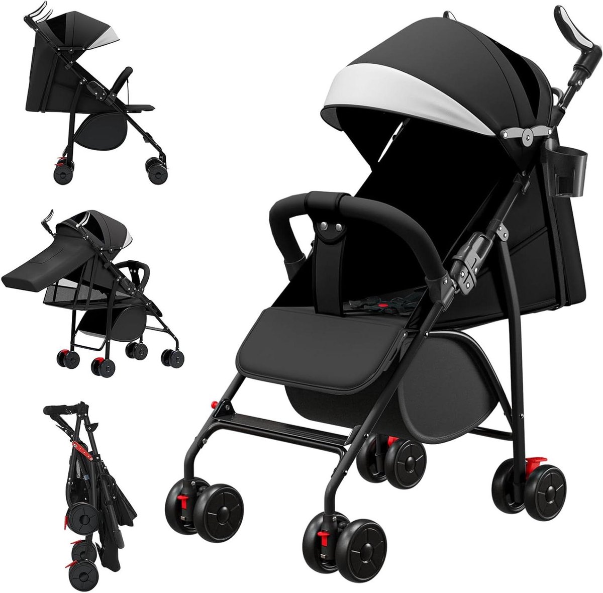Kinderwagen Opvouwbaar - Buggy Plat Liggend - Comfortabel Wandelen - Vouwt Met Eén Hand - Tot 22 kg - Zwart