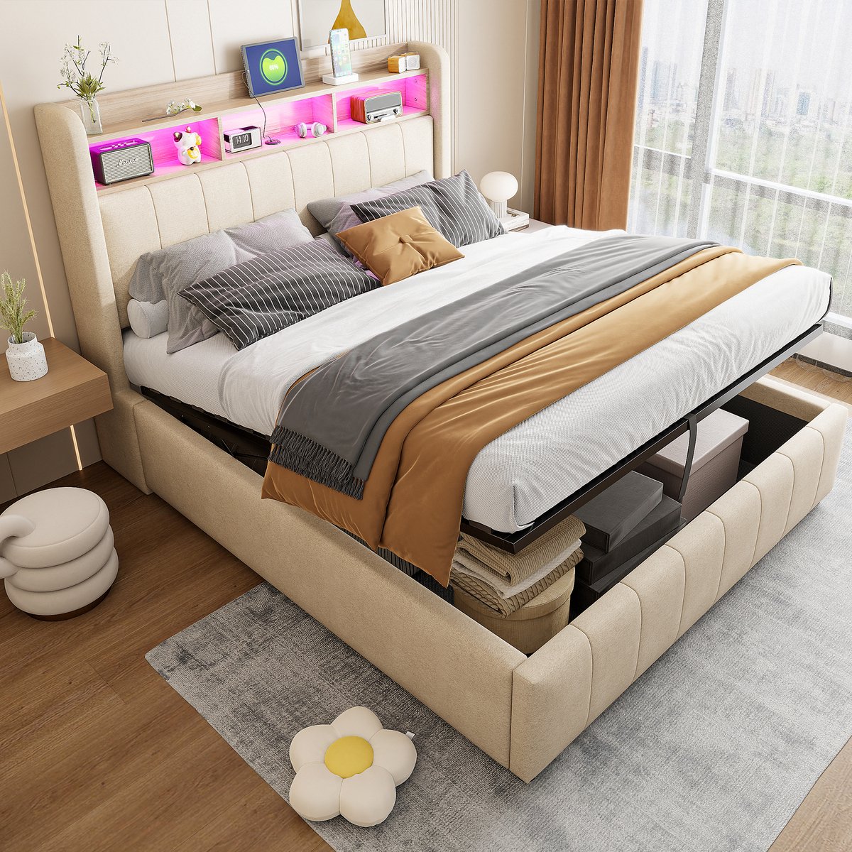 HAUSS SPOLE Gestoffeerd Bed 140x200 cm - Met Led, Usb En Opbergruimte - Hydraulische Opbergbak - Zonder Matras - Beige