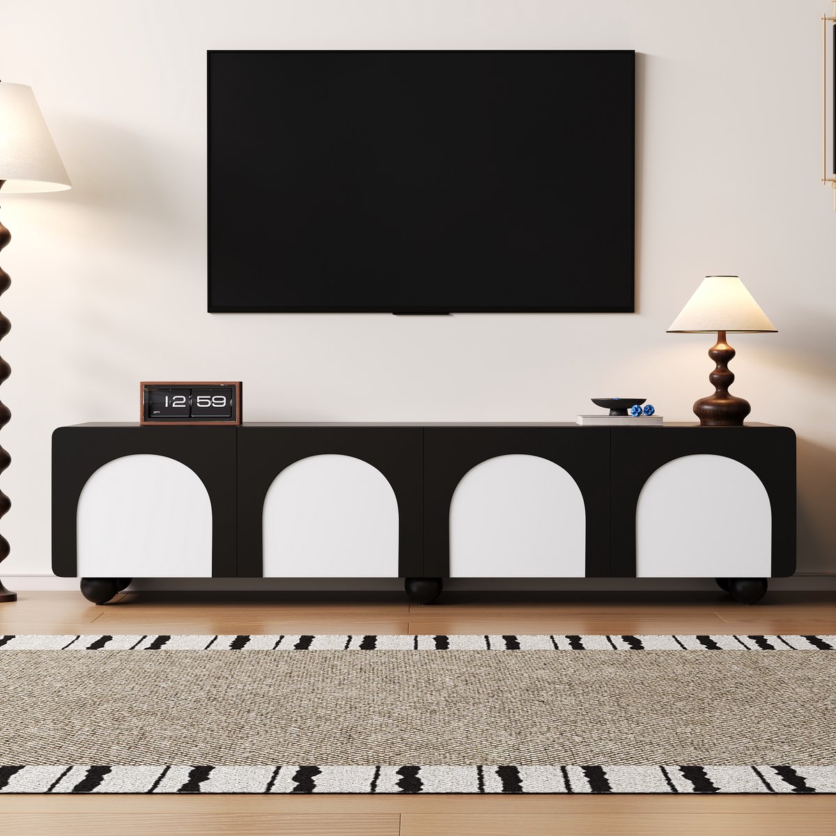 VVBV TV Meubel 180 cm – TV Kast/Lowboard met 2 Lades, 2 Deuren en TV Paneel – Klassiek Zwart-Wit Design – Opbergruimte voor Woonkamer Black,Black White