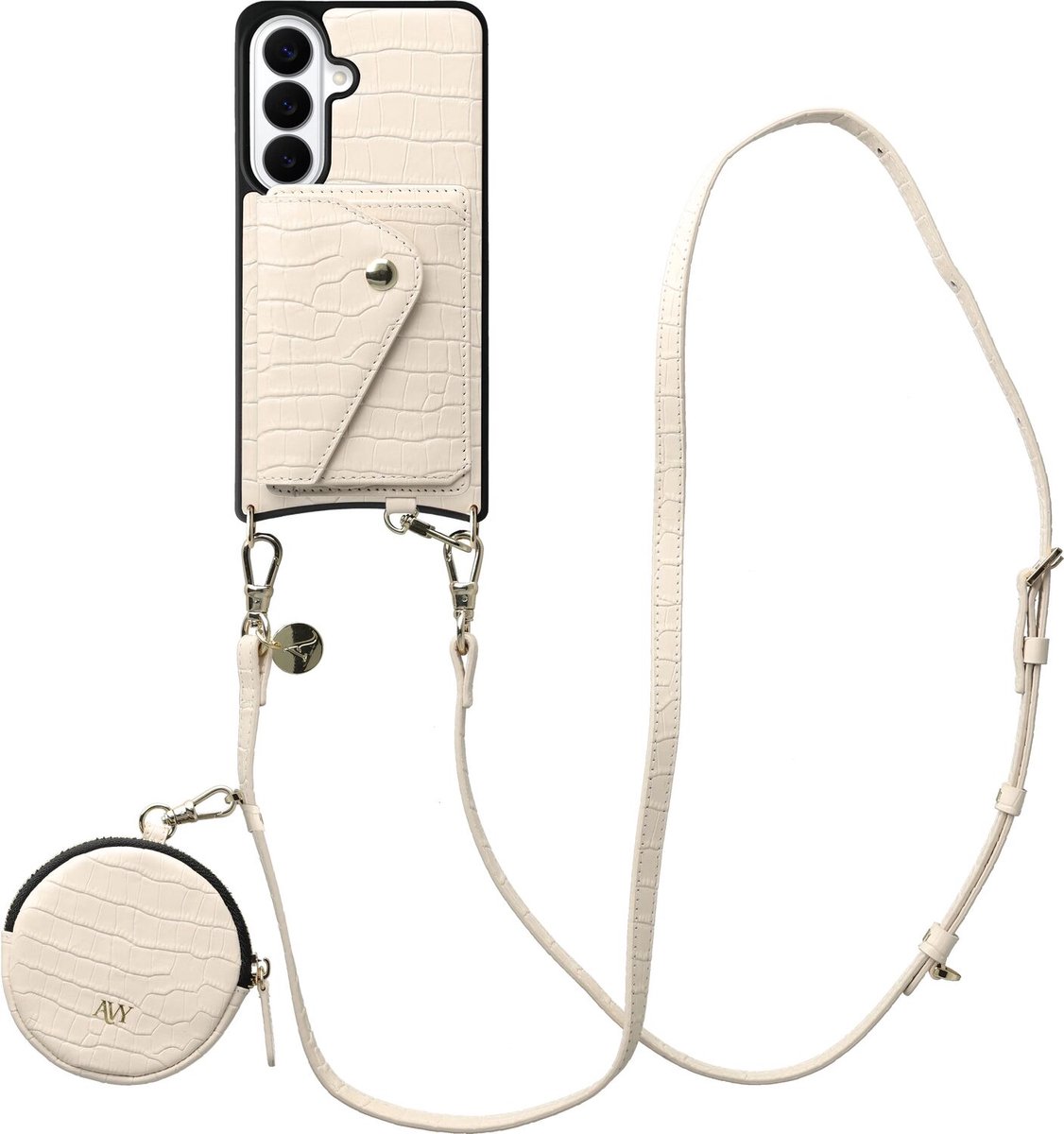 AVY Leren Hoesje geschikt voor Samsung Galaxy S26 Plus | Met Koord, Wallet en Pouch | Compatibel met MagSafe | Leather Case met 130CM Koord | Long Leather | Croco Beige