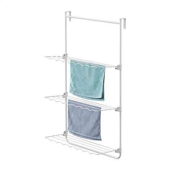 Wit, 3-laags droogrek met een blauwe en een groene handdoek eraan, van boven naar beneden.