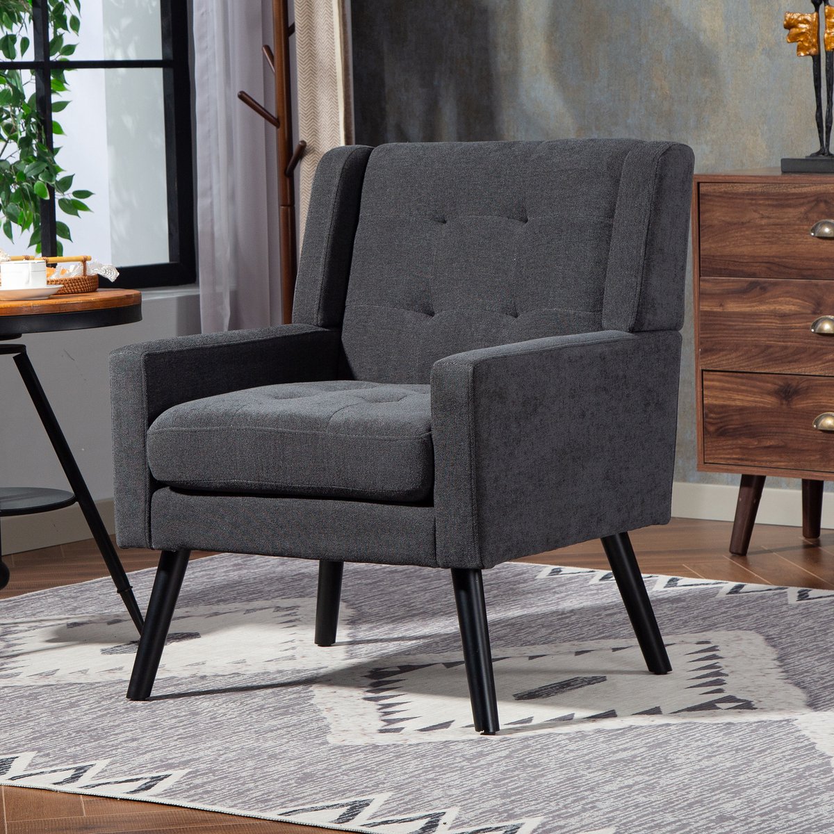 Welltin Gestoffeerde Fauteuil - massief houten poten en rugleuning, comfortabele tv-stoel, draagvermogen 130 kg, Scandinavisch design - Zwart