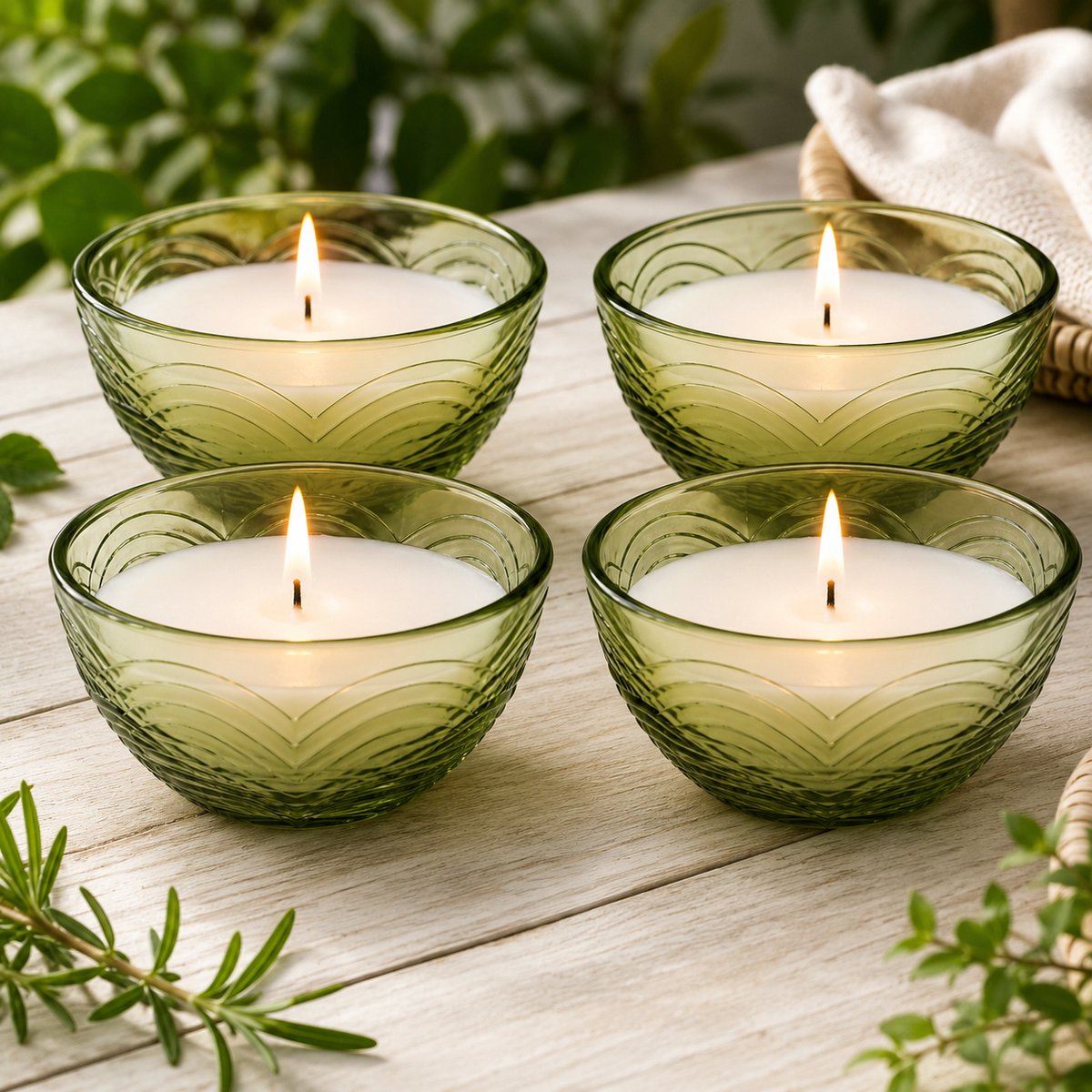 Citronellakaarsen Set van 4 – Groene Glazen Kommen 9 x 9 x 5 cm – 110 g Wax per Kaars – 3% Citronella – Brandduur 22-24 uur – Helpt Muggen op Afstand te Houden
