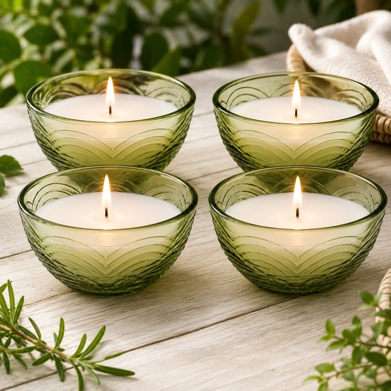 Citronellakaarsen Set van 4 – Groene Glazen Kommen 9 x 9 x 5 cm – 110 g Wax per Kaars – 3% Citronella – Brandduur 22-24 uur – Helpt Muggen op Afstand te Houden