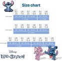 Maattabel voor kinderschoenen met afbeeldingen van Stitch en Angel.