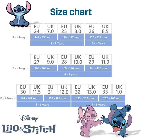 Maattabel voor kinderschoenen met afbeeldingen van Stitch en Angel.