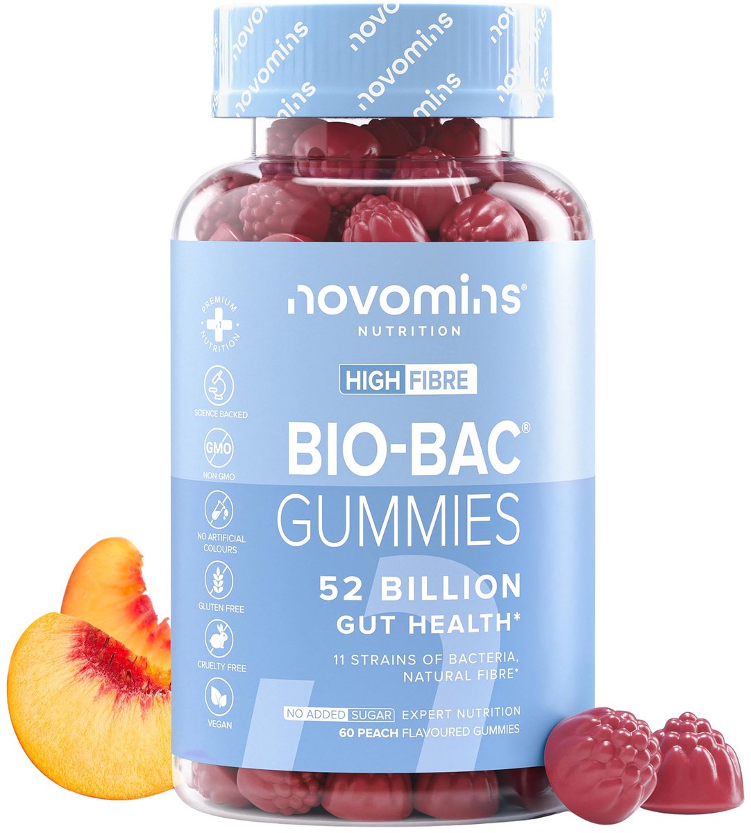Bio-Bac, 11 Stammen Levende Culturen, 52 Miljard CFU, 60 Gummies, Suikervrij, Vegan, Halal, Novomins