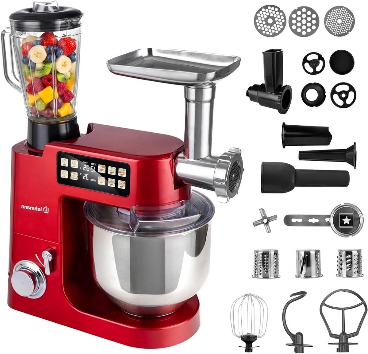 Keukenmachine - Keukenapparaat Mixer - Bakken Deeg Maken - Geïntegreerde Weegschaal - 8 Liter Kom - Rood
