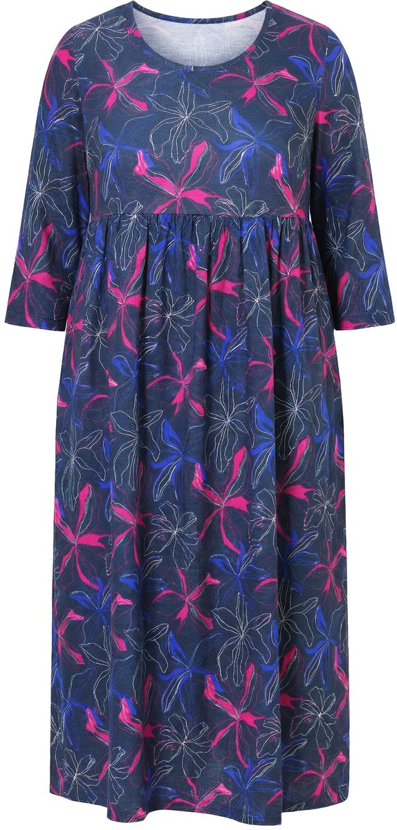 Ulla Popken Dames - Jersey jurk A-lijn ronde hals 3/4-mouwen zakken - Marine - Maat 46+