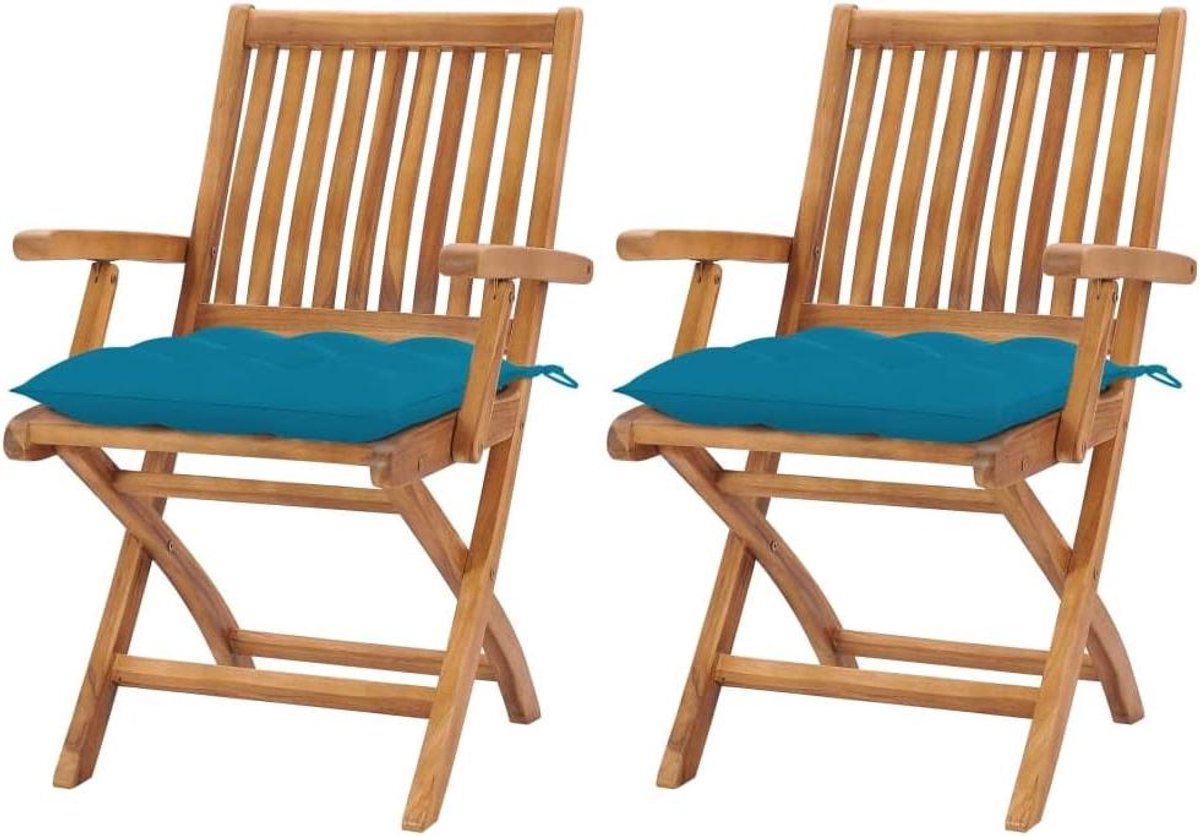 Set van 2 Teakhouten Tuinstoelen met Lichtblauwe Kussens - Inklapbaar