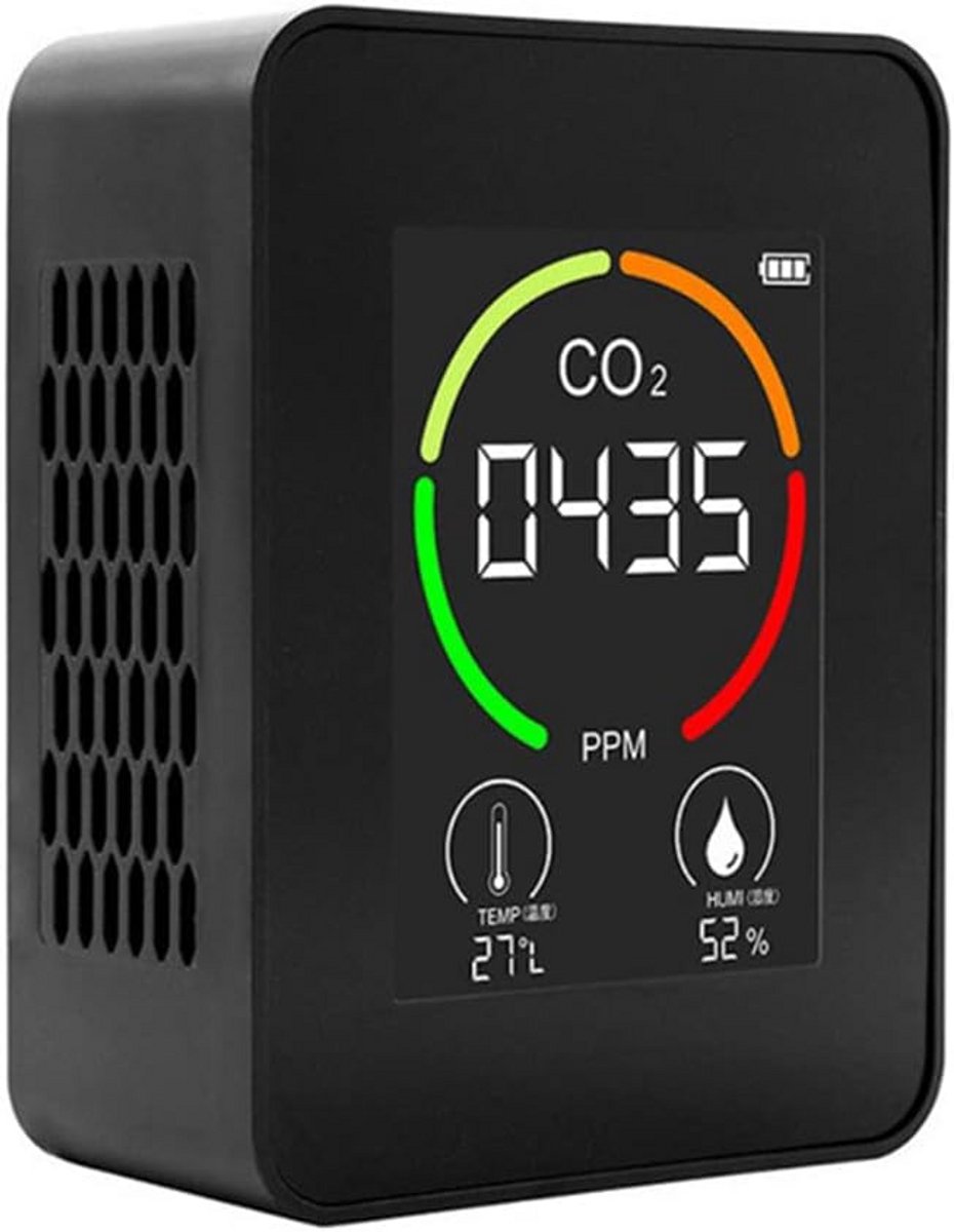 Kooldioxidemeter - Luchtkwaliteit Tester - Binnenklimaat Meten - 8 Functies Slim Alarm - 7x7x3.5 cm - Zwart