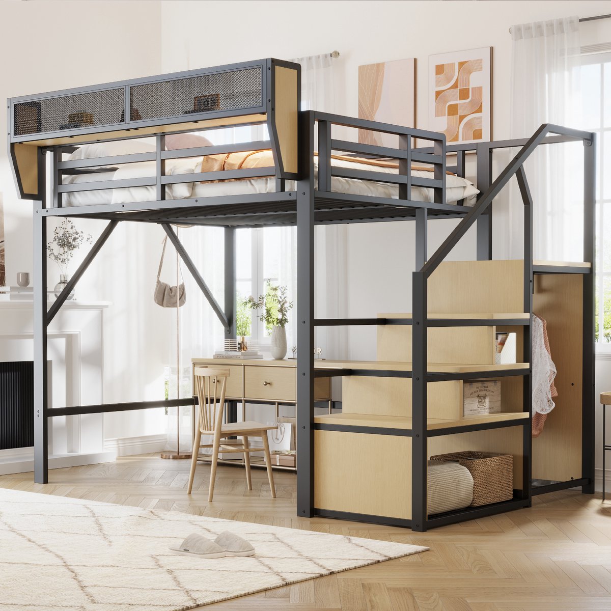 DESMIU Hoogslaper 140x200cm – Stabiel Metalen Bed met Verstelbaar Opbergrek en Veiligheidsladder – Voor Kleine Ruimtes – Zwart – Zonder Matras
