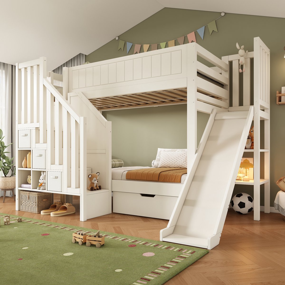 DESMIU Stapelbed 90x200cm - Kinderbed Met Glijbaan En Ladderkast - Opbergruimte Met Lades En Rek - Voor Kinderslaapkamer - Hout - Wit - Zonder Matras