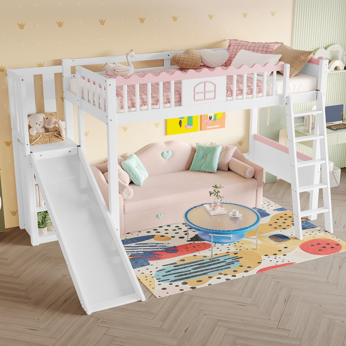 DESMIU Hoogslaper 90x200cm - Kinderbed Met Ledverlichting, Glijbaan En 3 Planken - Speels Voor Kinderkamer - Grenen En Mdf - Wit - Zonder Matras