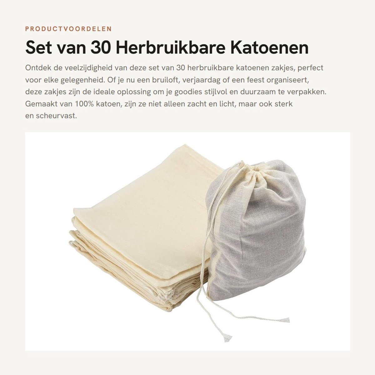 Dailygoods- Herbruikbare Zakjes 30 Stuks - Katoenen Zakjes met Koord - 15 x 20 cm - Biologisch Afbreekbaar - Perfect voor Jam en Snoep - Zacht en Lichtgewicht