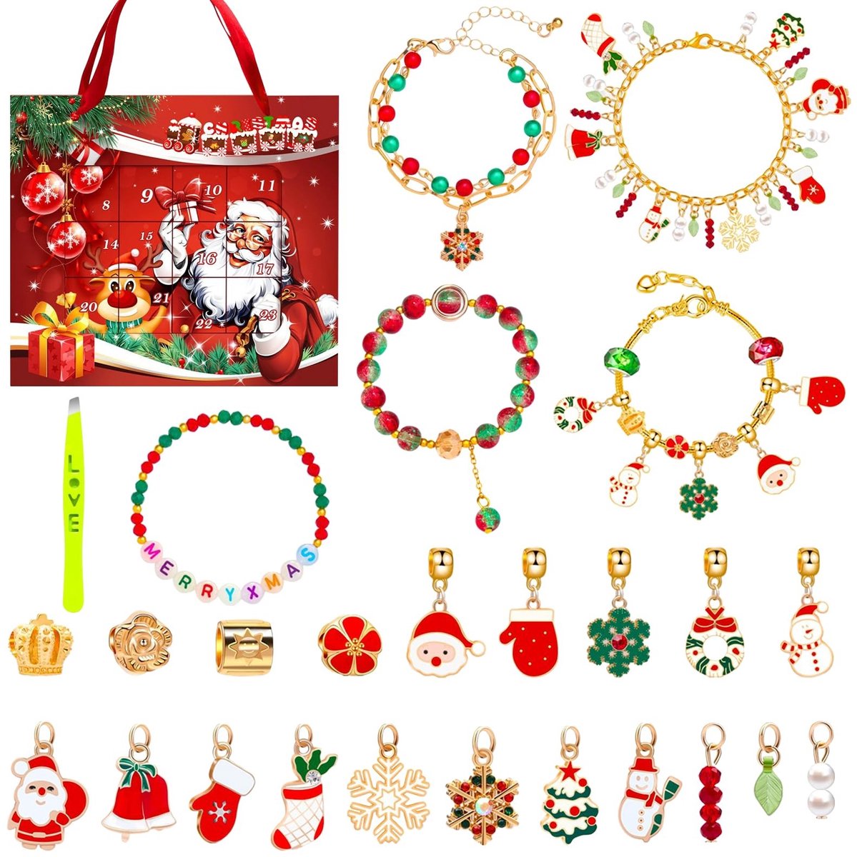 Dailygoods- Adventskalender Sieraden 2024 - 24 Vullingen - Doe-het-zelf Armbanden - Knutselen - Cadeaus voor Kinderen - Verstelbare Armbanden - Sieradenkalender