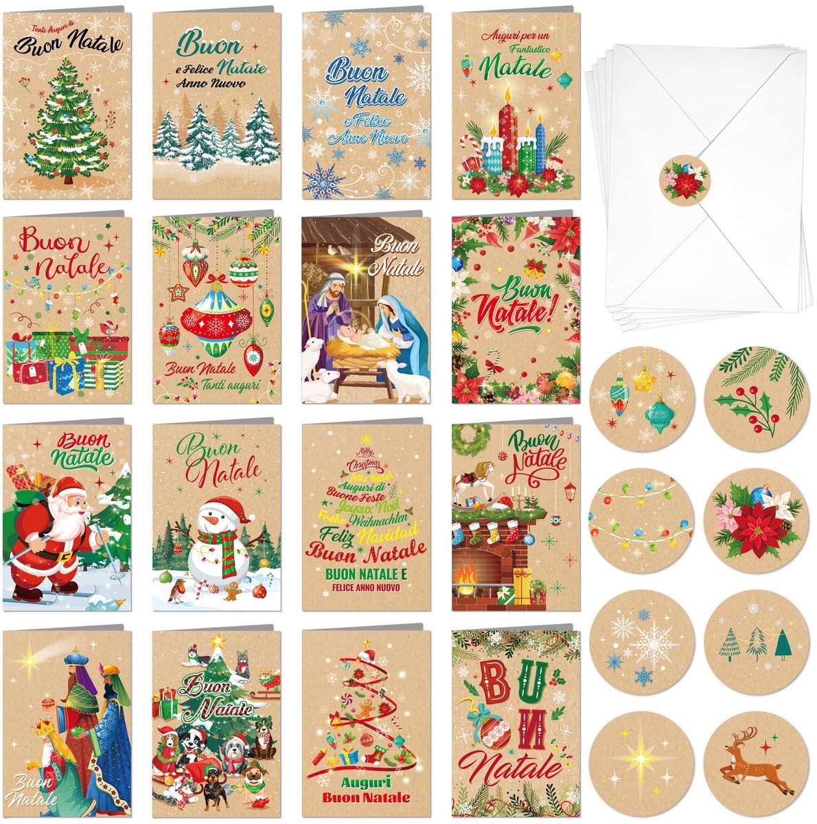 Dailygoods- Kerstkaarten Set 16 Stuks - Vrolijk Kerstfeest - Met Enveloppen - Gemaakt van Kraftpapier - Afmetingen 16 x 11 cm - Inclusief Stickers - Wenskaarten