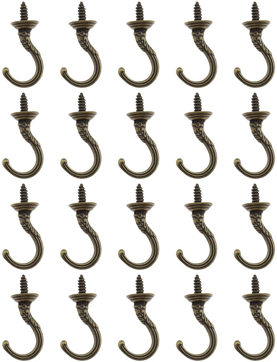 Dailygoods- Schroefhaak 20 Stuks - Vintage Wandhaak - Antieke Muurhaak - Zinklegering - Draaggewicht 4,5 kg - Totale Lengte 4 cm