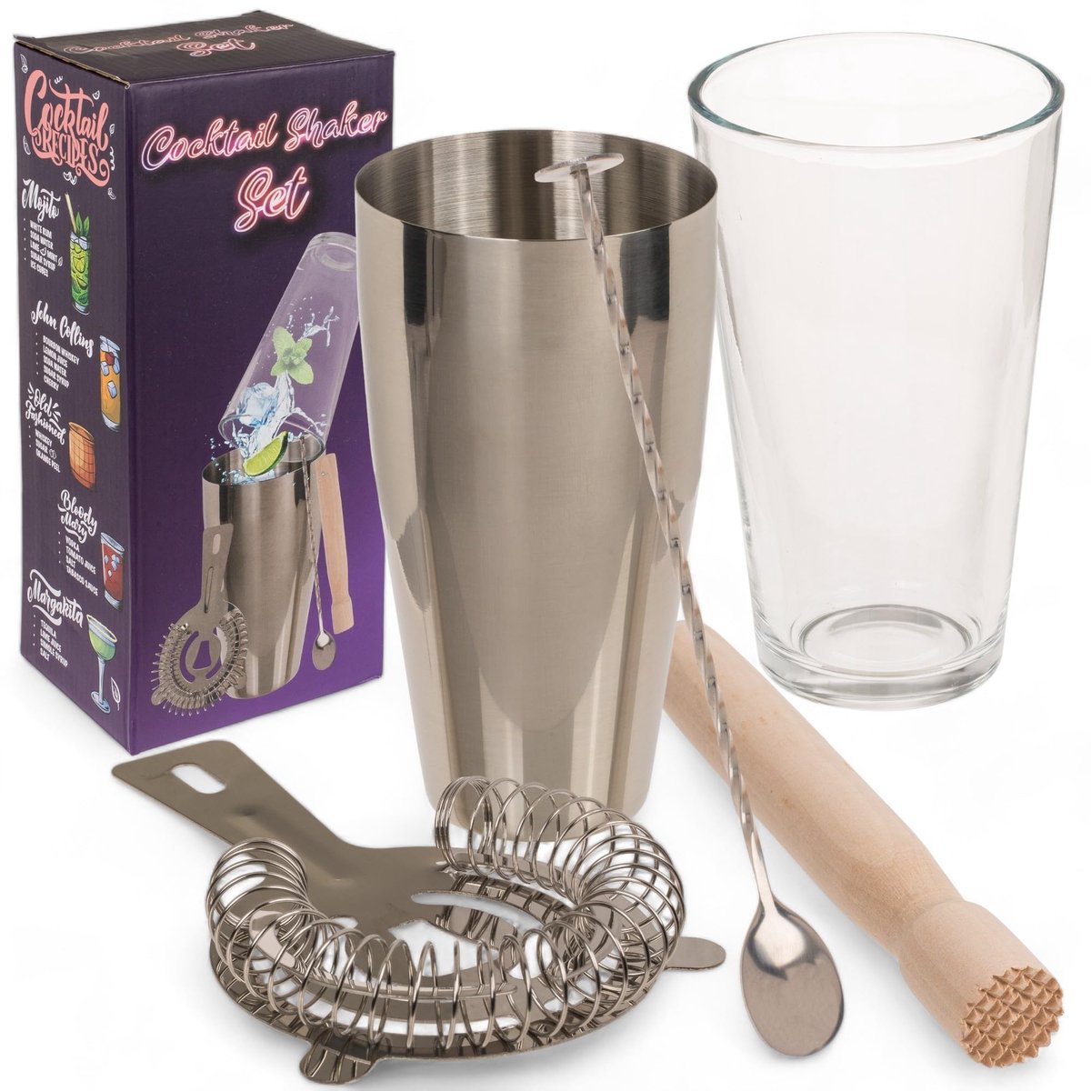 Dailygoods- Cocktailshakerset - roestvrijstalen beker - houten stamper - ijszeef - glas - geschenkverpakking - hoogwaardige materialen - Cocktailset
