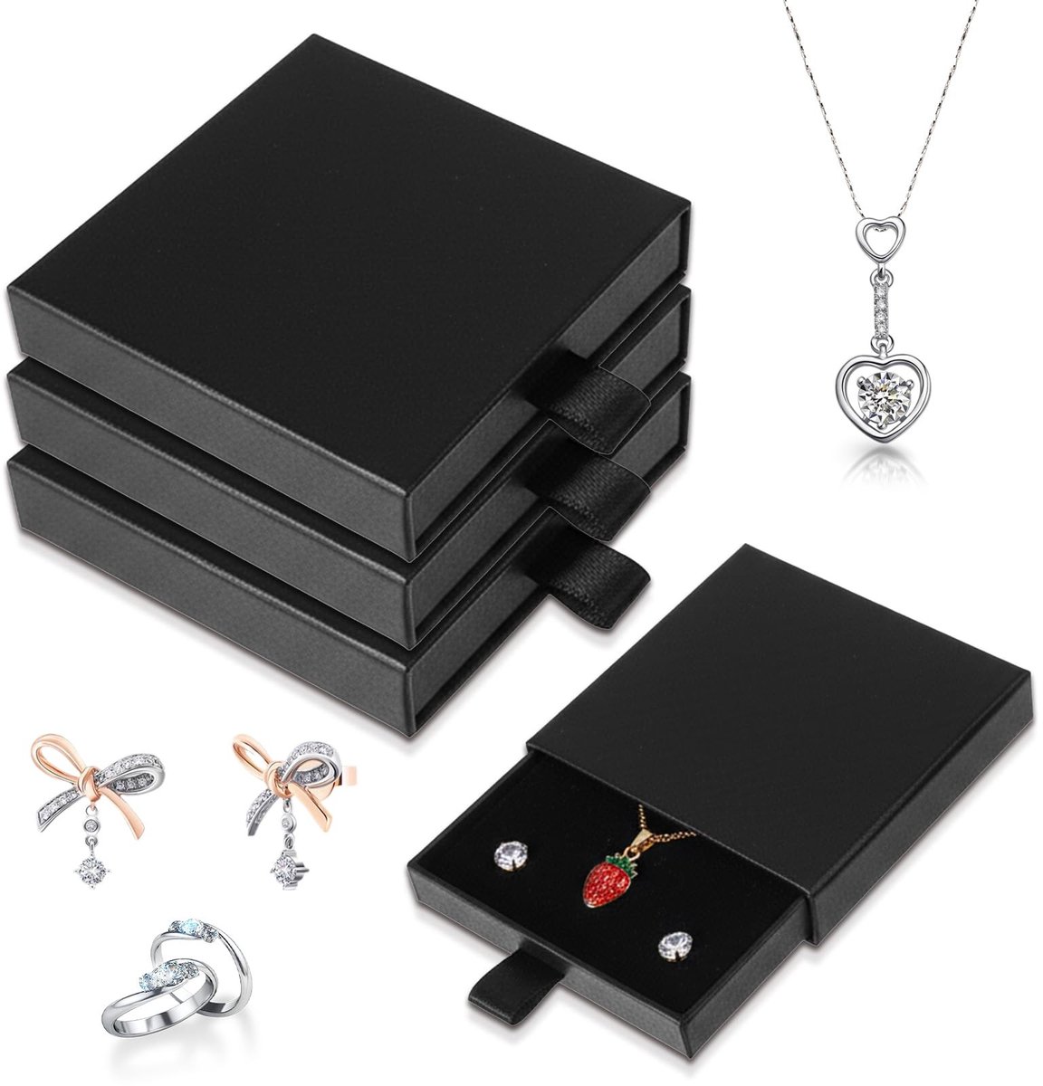 Dailygoods- Sieradenbox Zwart - Sieraden Opberger - Sieraden Opberger met Ritsen - 4 Stuks - 8 x 8 x 1.8 cm - Schokbestendig en Beschermend - Sieradenopberger