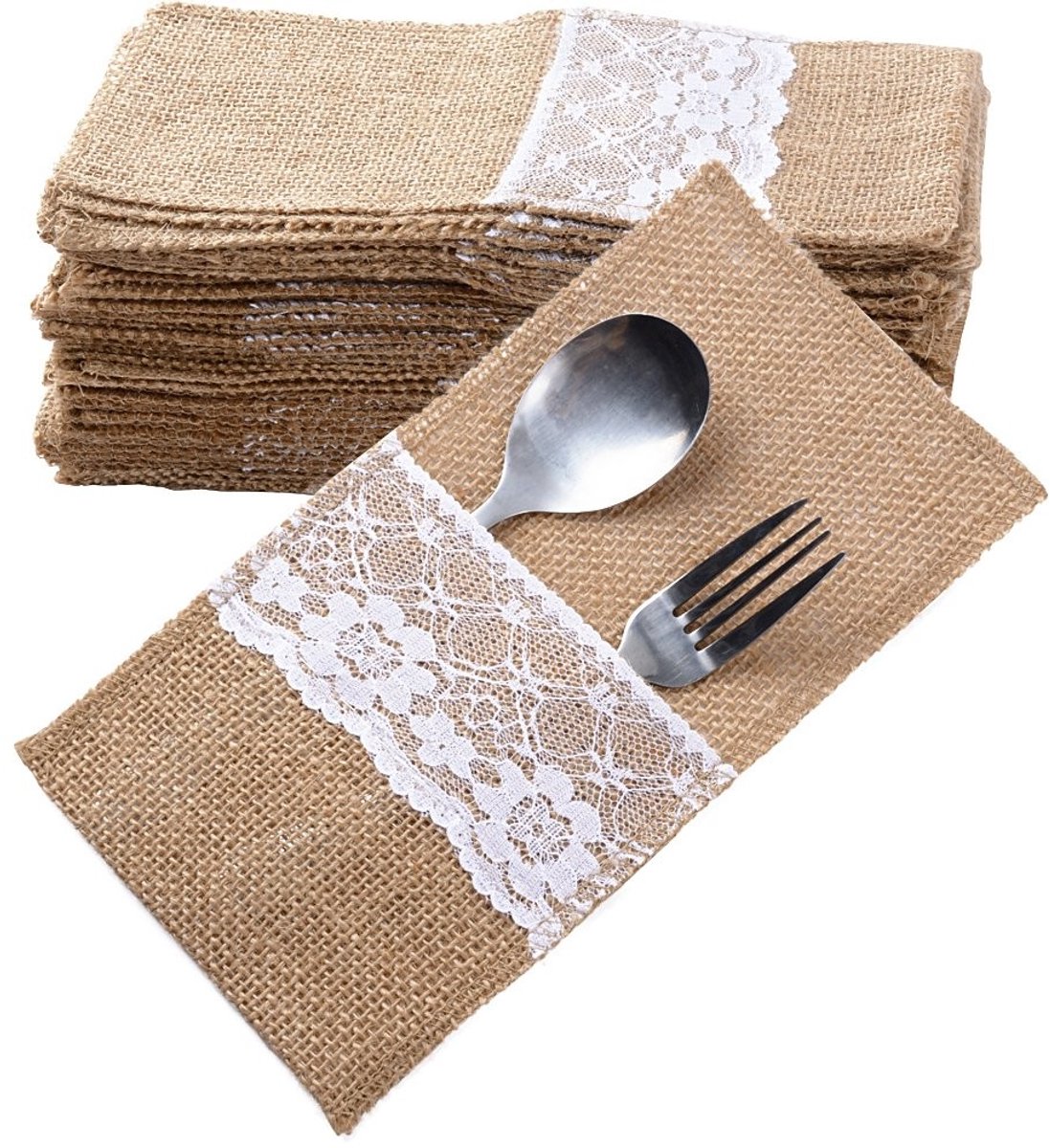 Dailygoods- Jute Bestekzakken 40 Stuks - Bestekhouders - Vintage Decoratie - Tafeldecoratie - Shabby Chic - 11cm x 21cm
