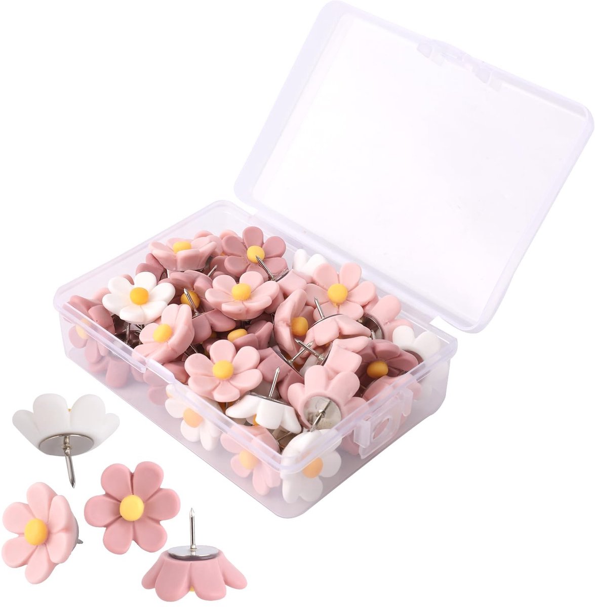 Dailygoods- Bloemenspelden 50 Stuks - Decoratieve Hars Duwpennen - Roze/Wit/Lavendel - Voor Kurkbord/Fotokalender - 2x2x1,8 cm - Schattig Ontwerp