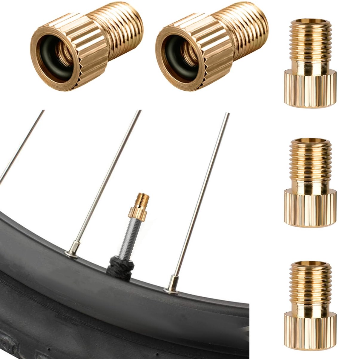 Dailygoods - Fietsventieladapter - 5 stuks - Messing - Tubeless ventieladapter - Geschikt voor Franse en Amerikaanse ventielen - Geel