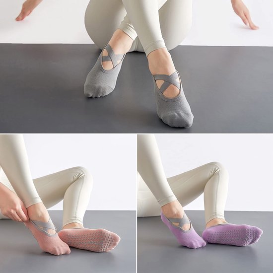Antislip yogasokken - No-show sokken - Sterke grip - Roze, paars, grijs - Geschikt voor ballet, pilates, fitness - 3 paar yogasokken en 2... — afbeelding 5