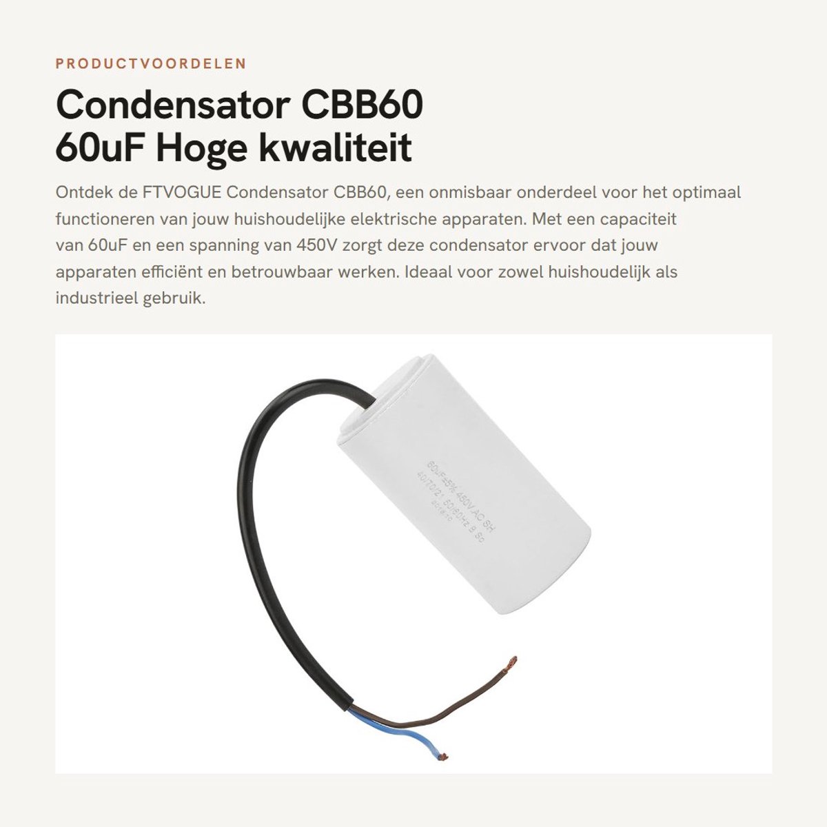 Dailygoods - Condensator CBB60 - 60uF - Hoge kwaliteit - 450V - Duurzaam en betrouwbaar - Ideaal voor huishoudelijke apparaten - Compact formaat