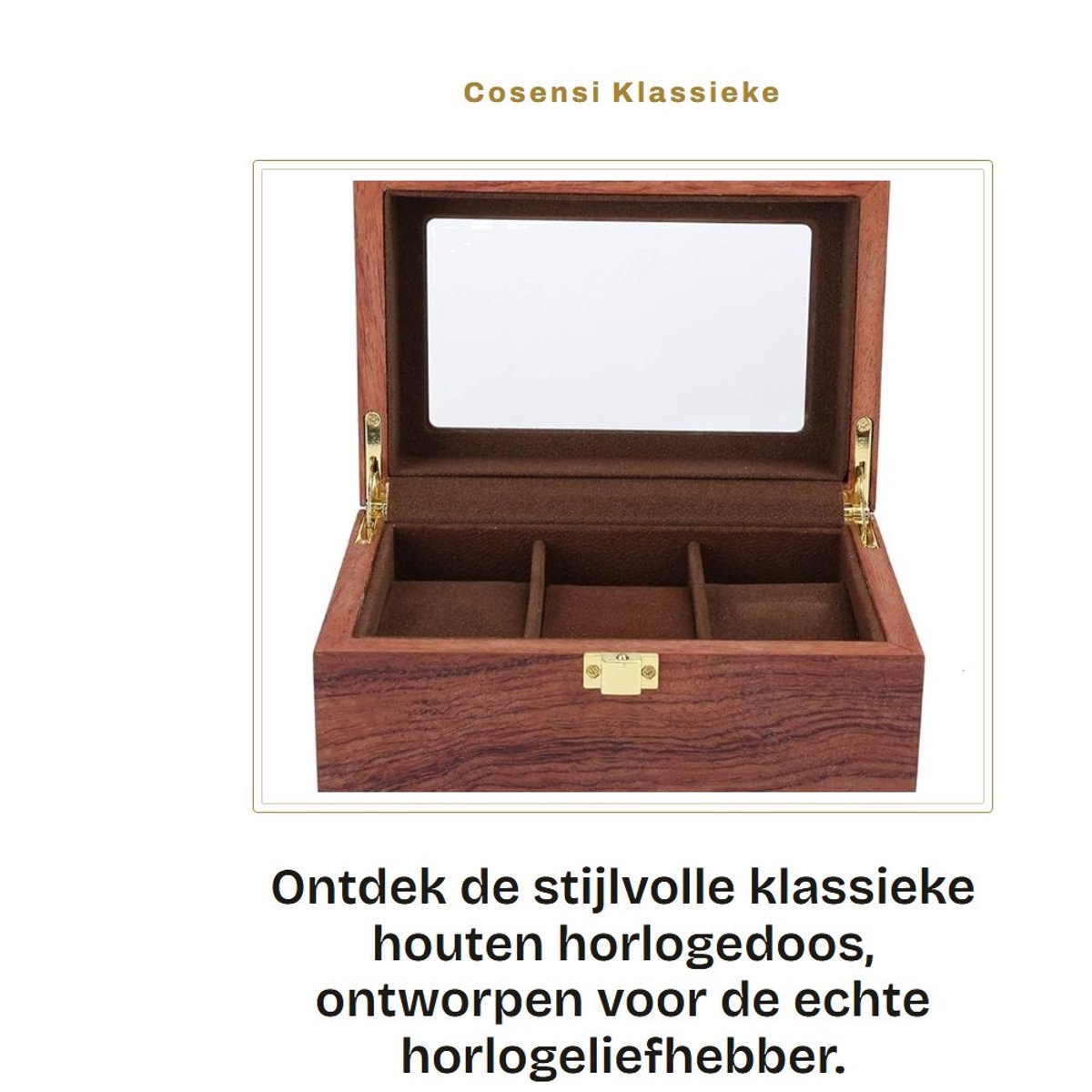 Dailygoods- Horlogedoos Houten - 3 Sleuven - Glazen Deksel - Uitneembare Kussens - Duurzaam - Elegant Ontwerp - Bescherming tegen Stof en Krassen - Horlogeopbergdoos