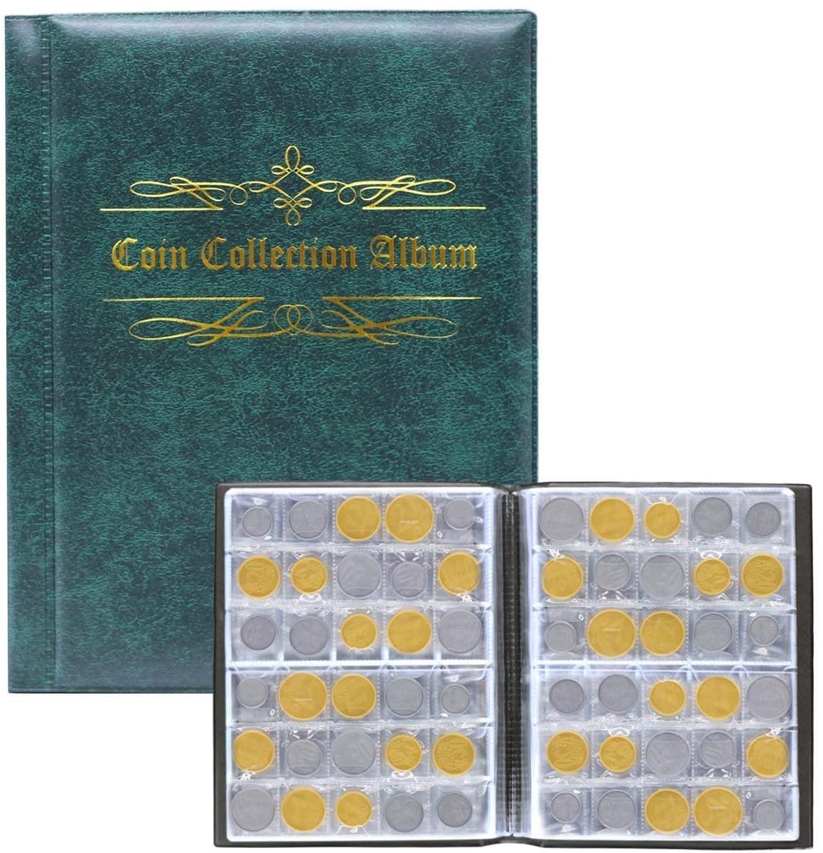 Dailygoods- Muntalbum 480 Stuks - Munthouders Zelfklevend - Euro Munten - Opbergdoos voor Munten - Faux Leren Cover - Duidelijke PVC Pagina's - Munthouder