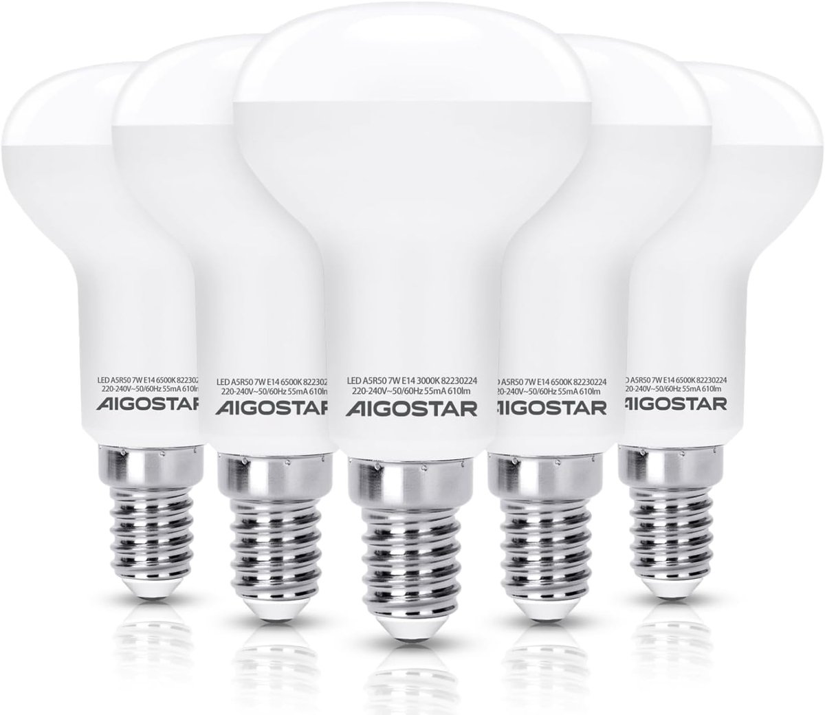 Set van 5 LED Reflectorlampen E14 R50, Warm Wit 3000K, 7W Vervangt 43W, 610 Lumen