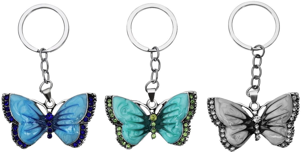 Dailygoods- Sleutelhanger met kristallen vlinder - Set van 3 - Sleutelhanger charme - Sleutelhanger voor auto/tas - Sleutelhanger voor vrouwen/meisjes - Levendige kleuren (blauw/groen/wit)