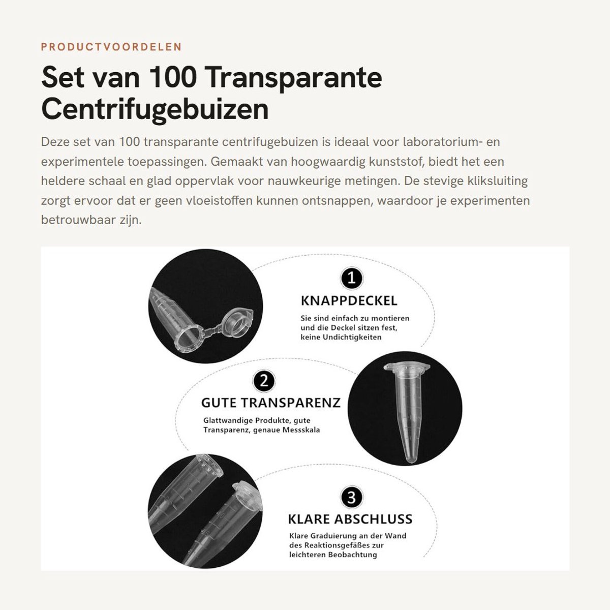 Dailygoods - Set van 100 Transparante Centrifugebuizen met Dubbele Sluiting