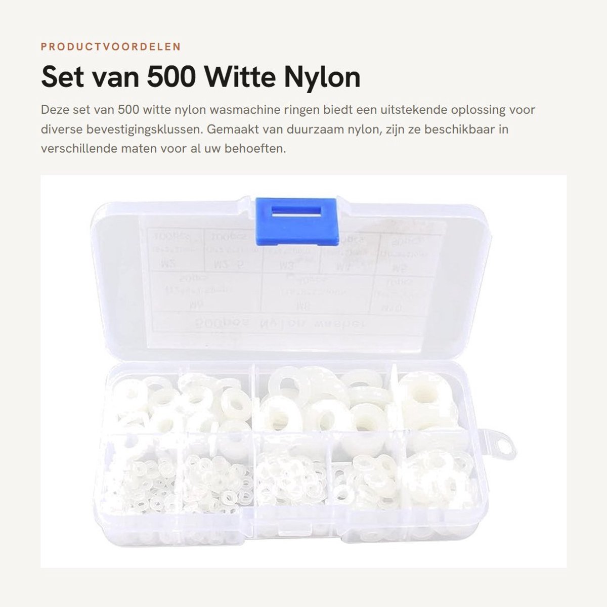Dailygoods- Wasmachine Pakking Ring 500 Stuks - Nylon Sluitringen - Kunststof Spacer Ringen - Diverse Maten M2/M2.5/M3/M4/M5/M6/M8/M10 - Inclusief Opbergdoos - Sluitring