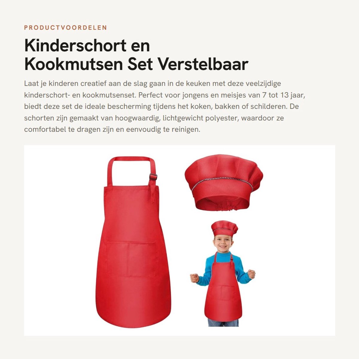 Dailygoods- Kinderschort Verstelbaar - Kinderschort met 2 Zakken - Kookschort voor Jongens/Meisjes - Kookset voor Koken/Bakken - Antifouling - Hoogwaardig Polyester 46x62 cm
