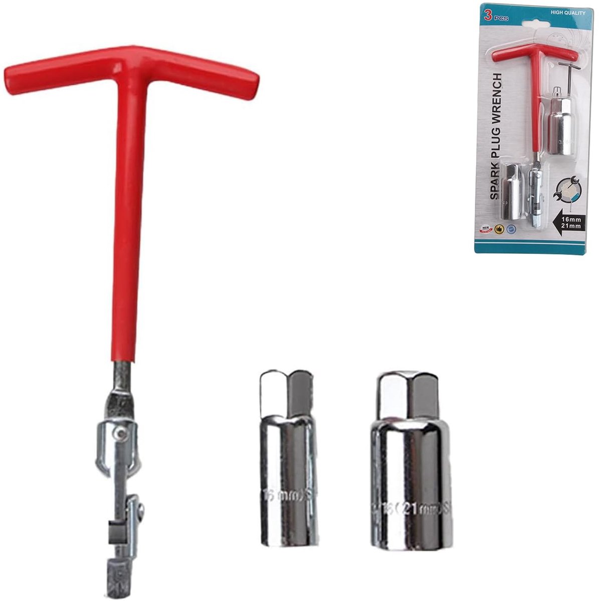Dailygoods- Dopsleutelset 3 Stukken - Bougie Dopsleutel - T-sleutel - Moersleutelset - Koolstofstaal - 16mm/21mm, Rood - Moersleutel