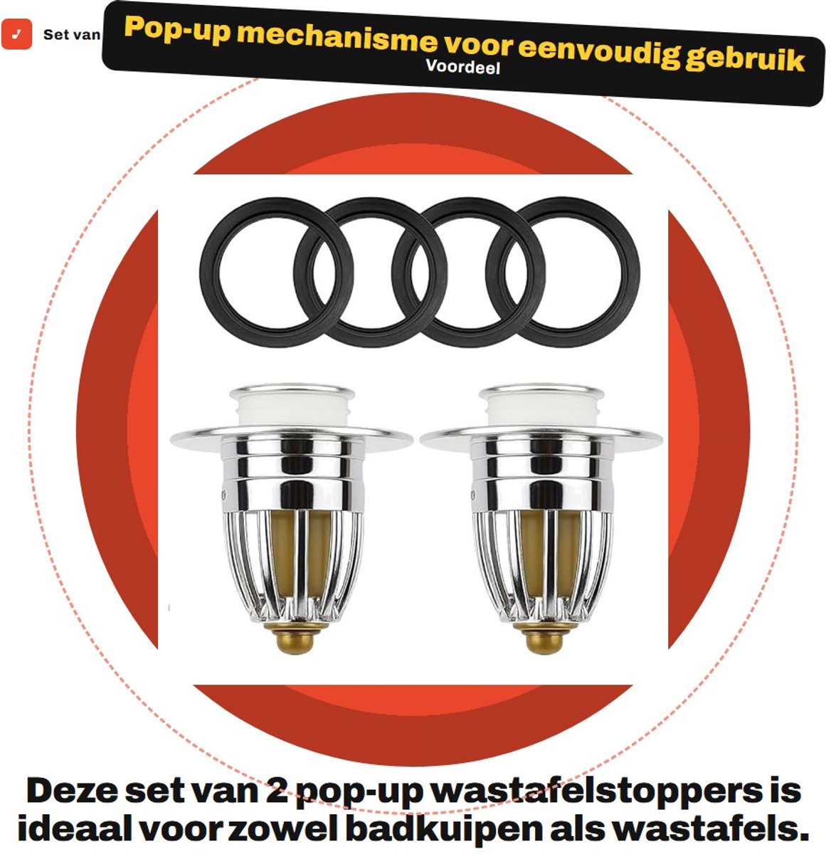 Dailygoods- Wastafelstop set van 2 - Pop-up afvoerstop - Roestvrij staal - Waterdicht - Hygiënisch drukmechanisme - Universele pasvorm