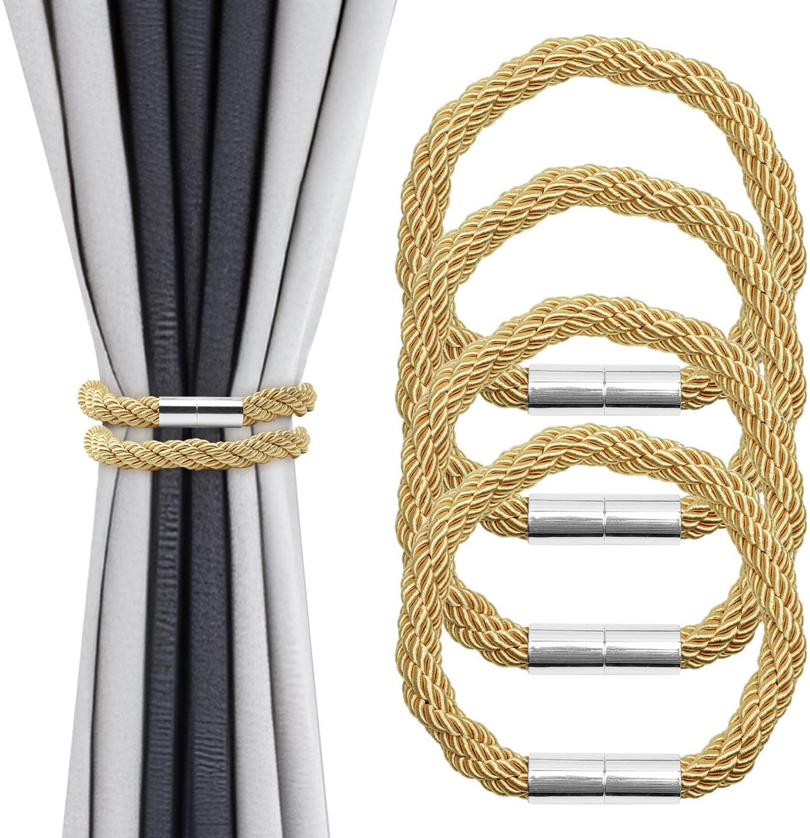 Dailygoods- Gordijnhouders 4 stuks - Magnetische Embrasses - Goudglanzend - 54 cm - Voor Dikke Gordijnen - Boorvrije Installatie