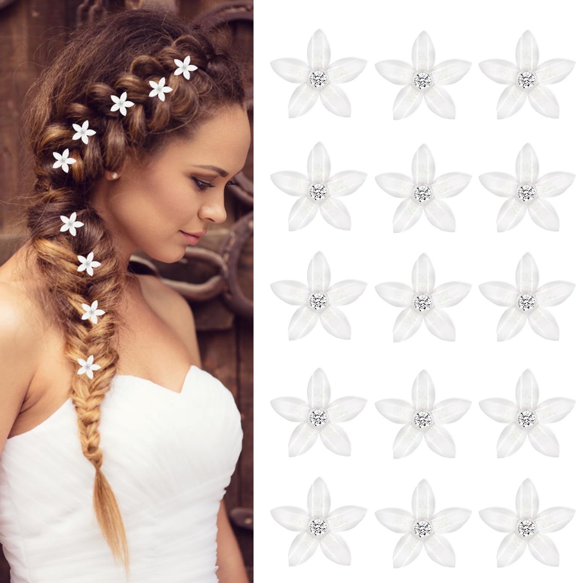 Dailygoods- Haarspelden 15-delige set - Mini bloemen met strass - Decoratieve haaraccessoires - Voor vrouwen/meisjes - Duurzaam acrylhars/metaal - Geschikt voor feest/bruiloft