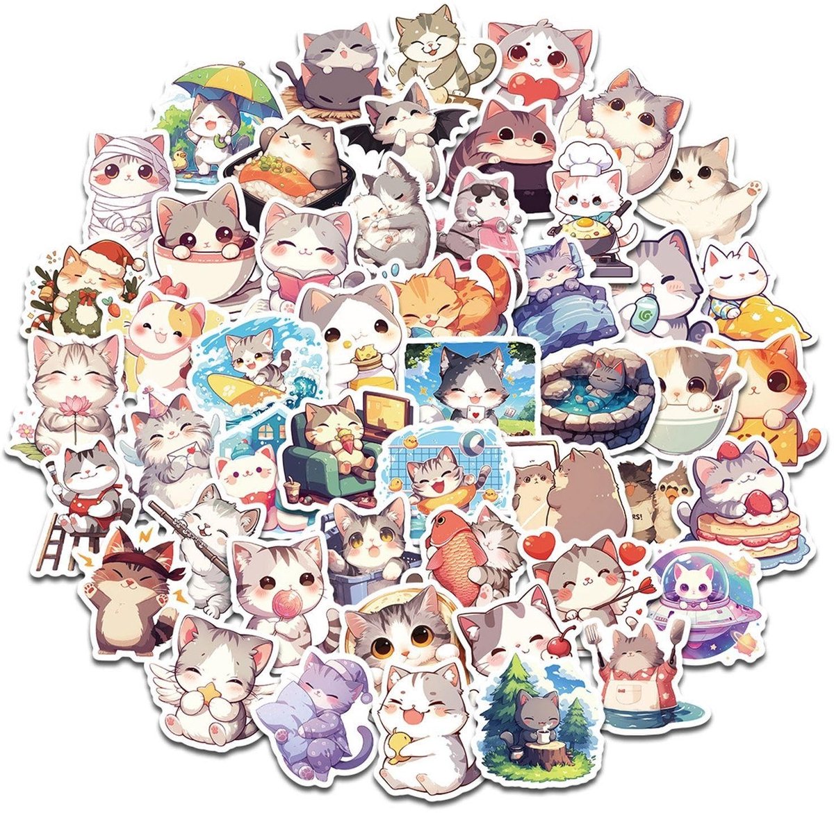 Dailygoods- Kattenstickers 100 Stuks - Cartoon/Graffiti Stickers - Zelfklevend - Decoratie/Handwerk - Verschillende Maten - Duurzaam Materiaal