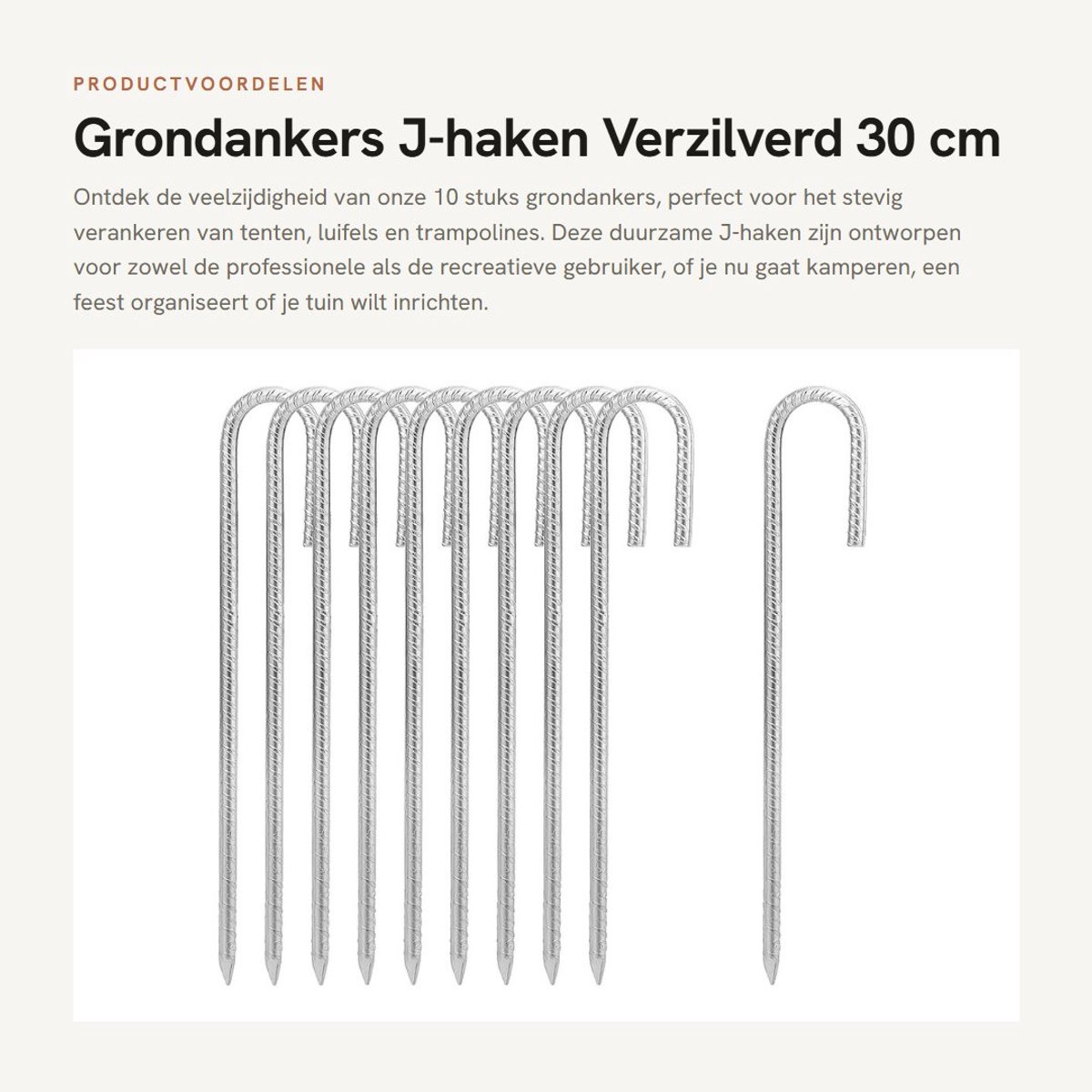 Dailygoods- Grondankers 10 Stuks - J-Haken/Tentharingen - Verzinkt - Lichtgewicht - Duurzaam - 30 cm x 8 mm