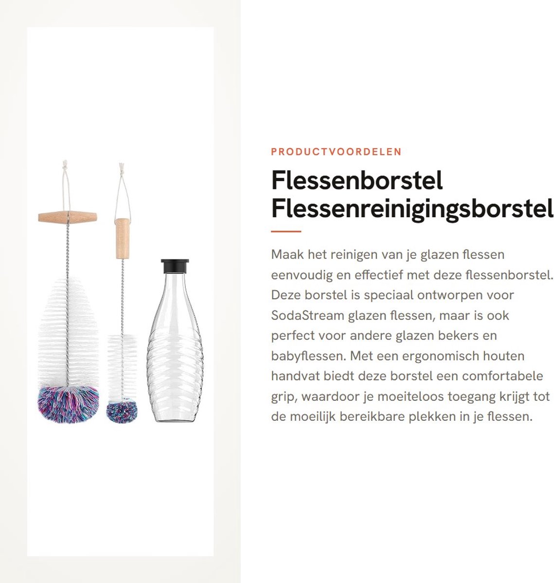 Dailygoods- Flessenborstel - Krasvrije Reinigingsborstel - Voor SodaStream Glazen Flessen - Ergonomische Houten Handgreep - Roestvrij Staal/Nylon - Geschikt voor Babyflessen - Flessenreiniger