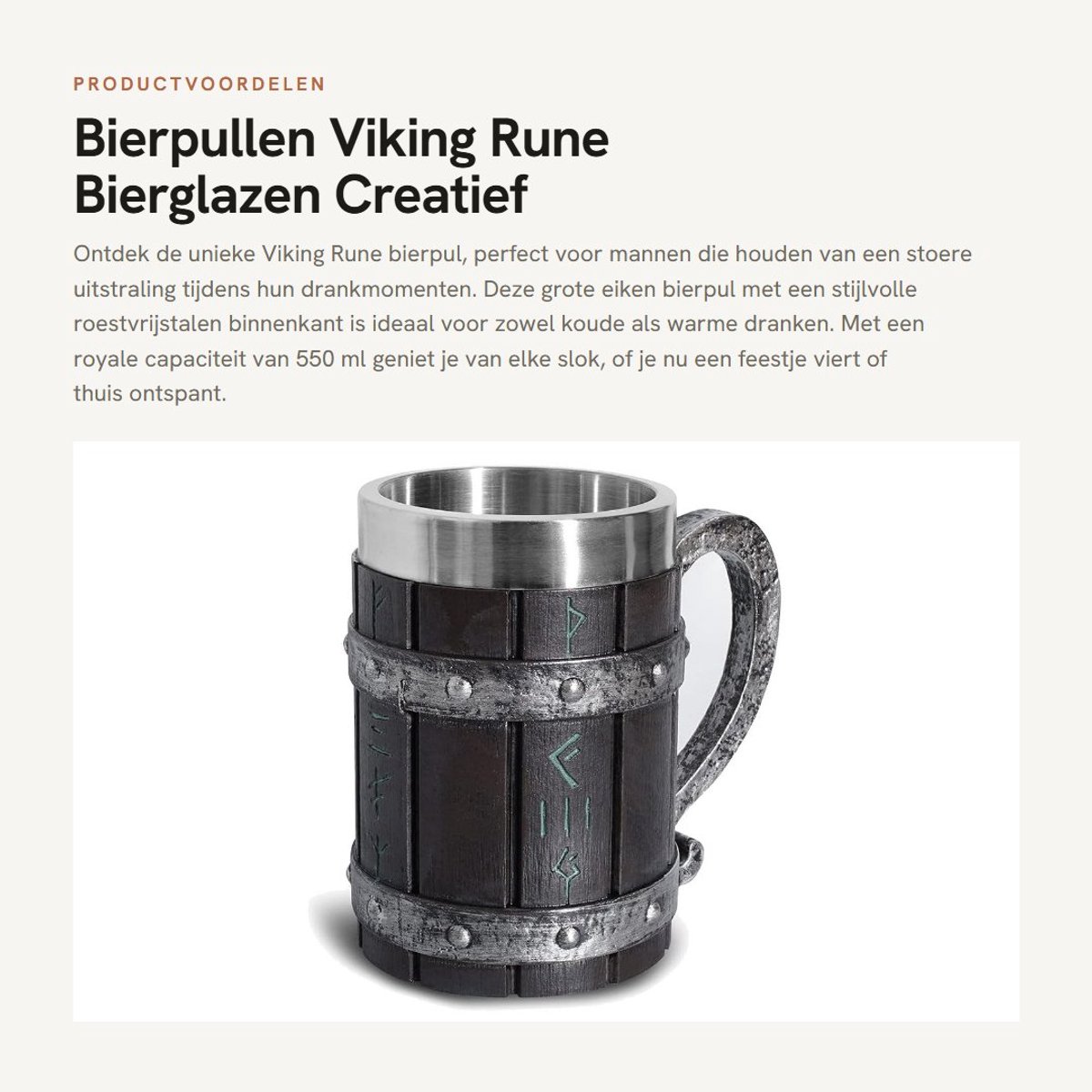 Dailygoods- Bierpul 550 ml - Eiken Bierpul - Roestvrij Staal Inzet - Viking Rune Design - Vaderdagcadeau - Hoogwaardig Handwerk - Bierglas