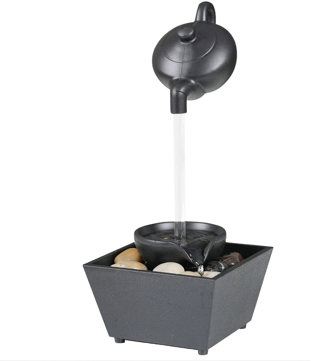 Dailygoods - Tafelblad Waterfontein - Drijvende Theepot Fontein - Desktop Waterfontein met LED Licht - Zwart - Waterval Decoratie - Geschikt voor Thui...