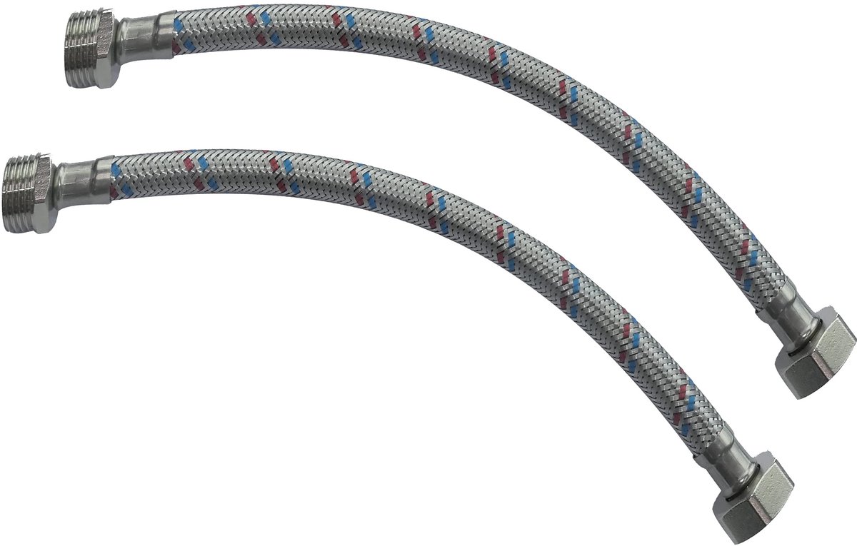 Dailygoods- Aansluitslang Set van 2 - Flexibele Slang 300 mm - 1/2 inch Mannelijk/Vrouwelijk - Voor Kranen/Mengkraan - Roestvrij Staal Coating - Maximale Temperatuur 90 °C - Toevoslang