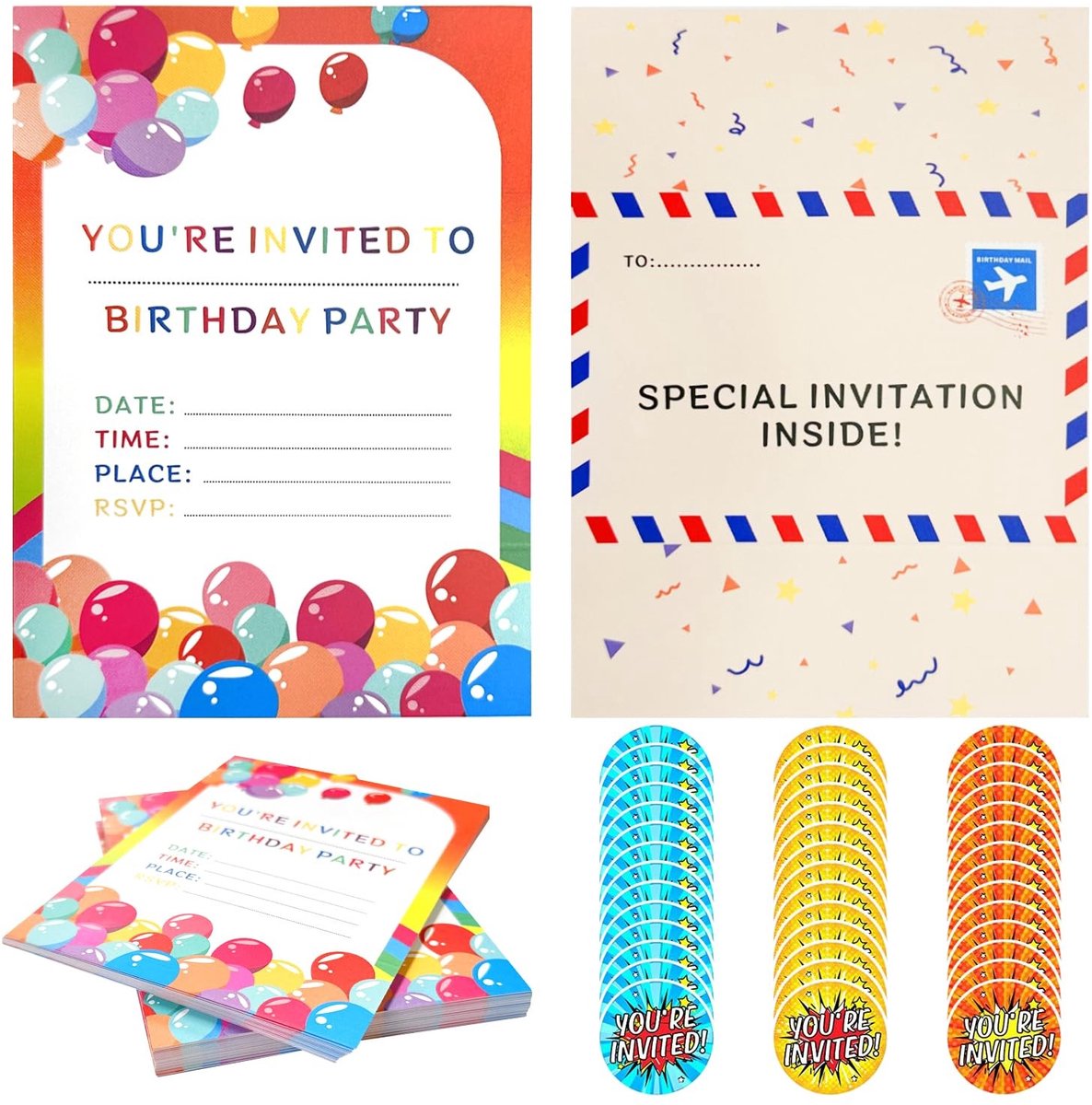 Dailygoods- Regenbooguitnodigingen 42 stuks - Verjaardagskaarten - Stickers 42 stuks - Opvouwbare enveloppen - Veelkleurig - Papier 14,5 x 10,5 cm - Uitnodigingen