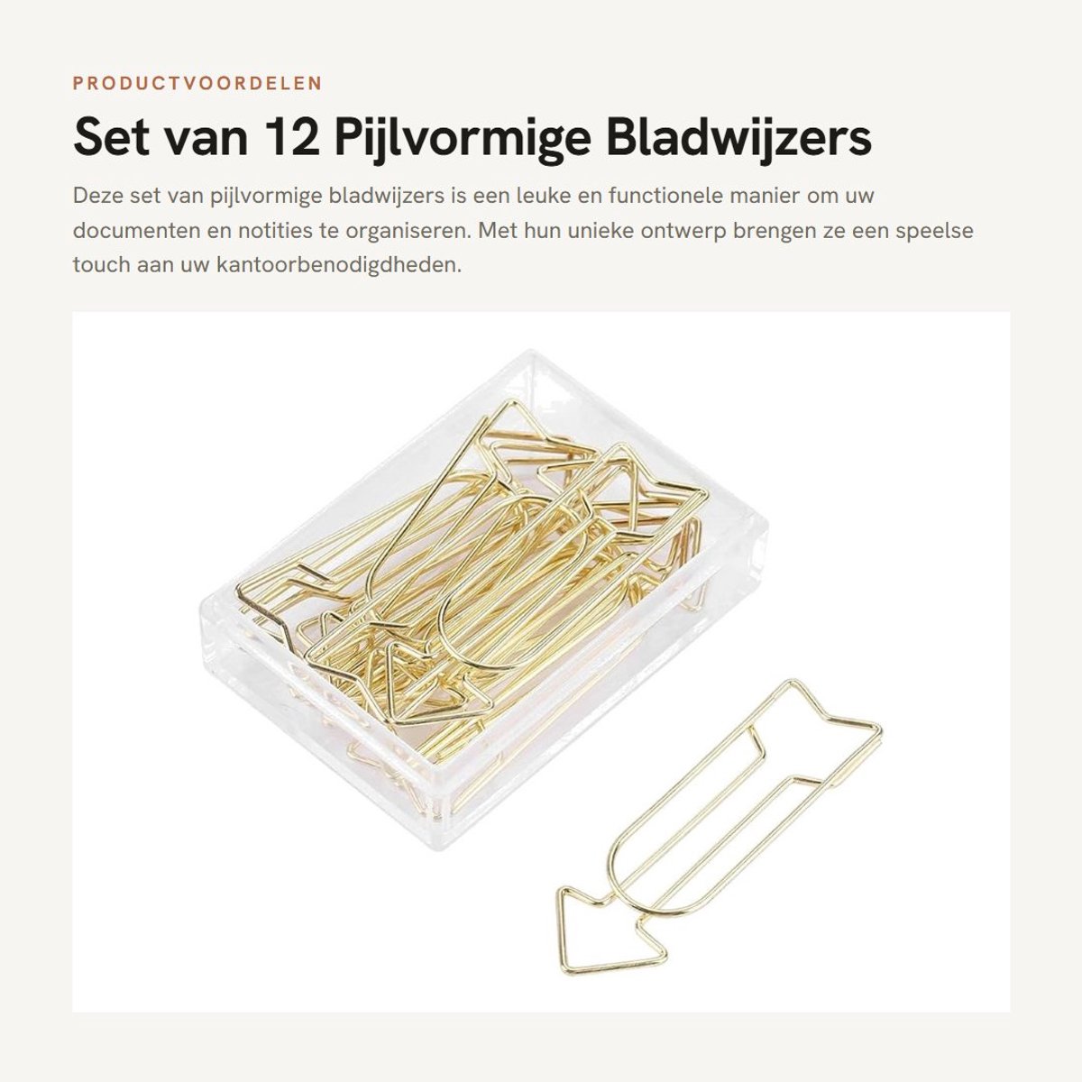 Dailygoods- Bladwijzer Pijlvormig - 12 Stuks Paperclips - Gouden Paperclips - Metalen Bladwijzers - Herbruikbaar - Transparante Opbergdoos