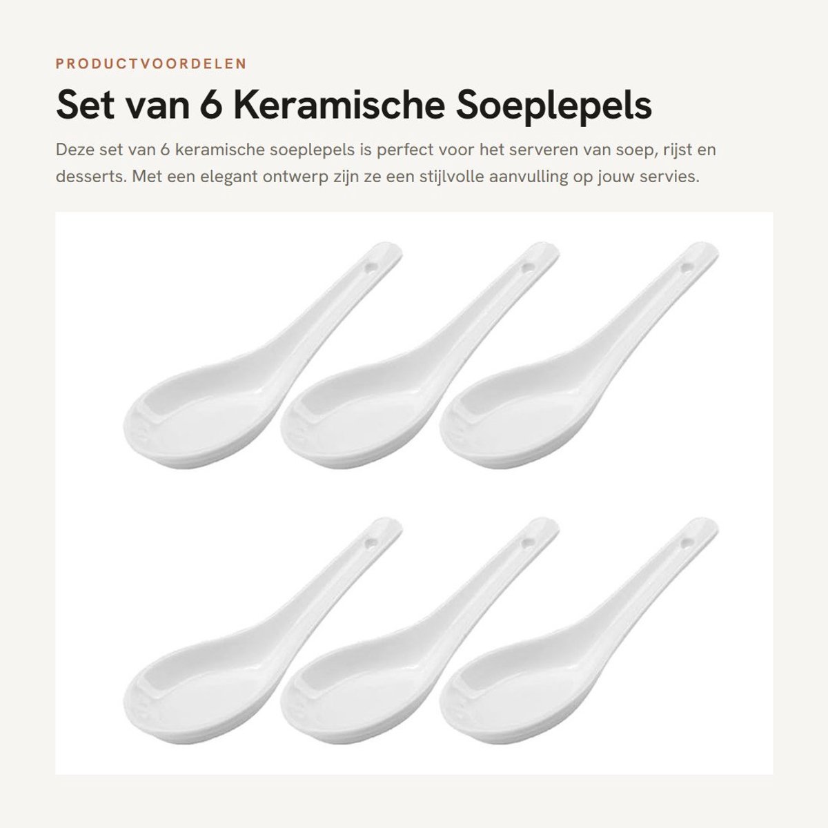 Dailygoods- Soeplepels Set van 6 - Keramische Opscheplepels - Porselein Serveerscheppen - Voor Rijstkom/Ramen - Wit - Geschikt voor Voorgerechten/Dessert - Serveerlepel