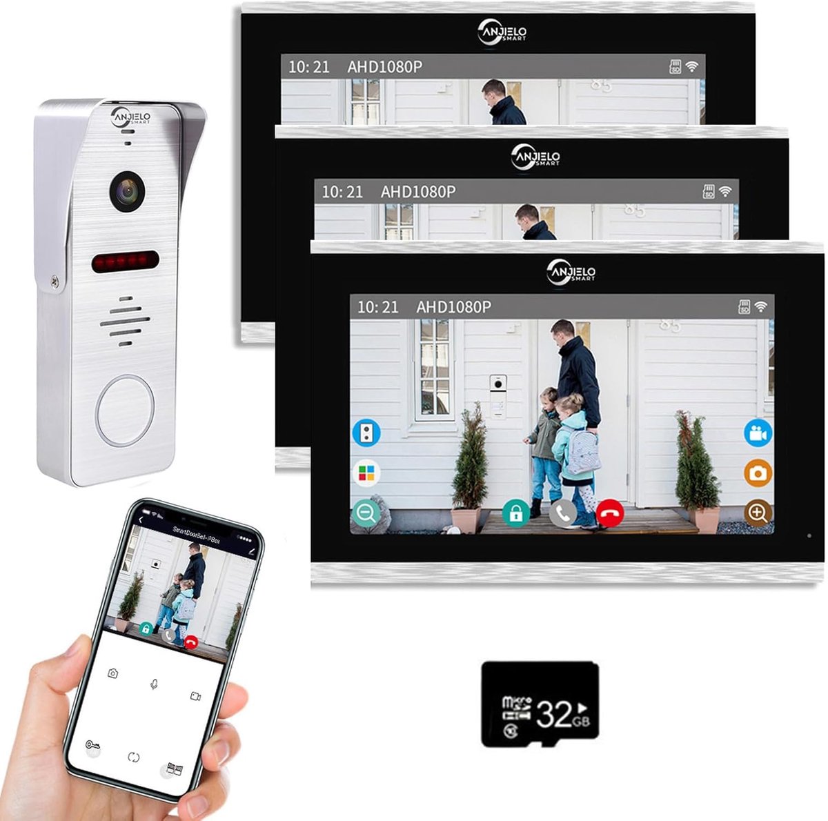 Video Deur Intercom - Huis Beveiliging - Bezoekers Ontvangen - 10 Inch Touch Monitor - 1 Deurbel 3 Monitors - Zilverkleurig